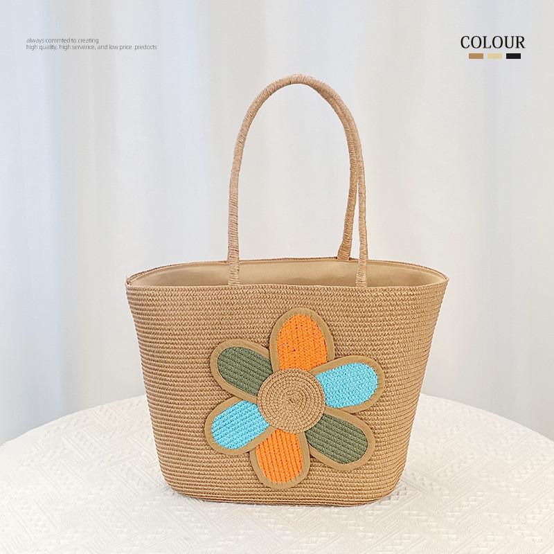 Simple Flower Color Blocked Pattern Women Casual Large Capacity Woven Tote Bag For Daily Fashion And Outdoor Activities