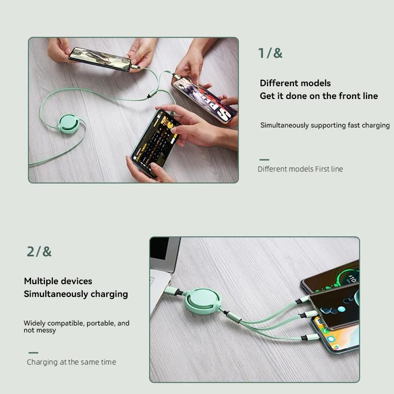 2025 New 3 In1 Data Cable Fast USB Cable For Huawei Honor Retractable Portable Micro USB Type C Charger Cable For IOS Samsung