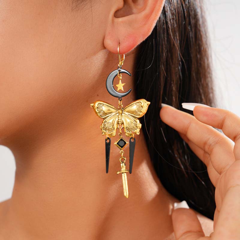 Vintage Metal Butterfly Pendant Earrings For Women Exaggerated Gold Color Star Cross Long Tassel Dangle Earrings Jewelry