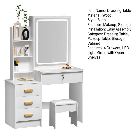Vanity Desk with LED Lighted Mirror Makeup Mirror, Table 4 Drawers and Opening Shelves, Bedroom Dressing Stool