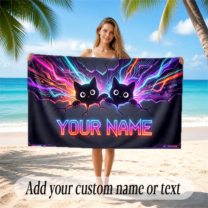 Cat Theme Soft Beach Towel Personalized Custom Name Text Towel Portable for Beach Pool Travel