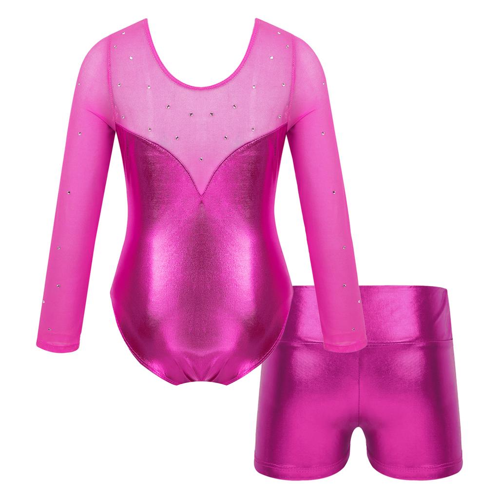 Детский блестящий спортивный танцевальный купальник металлик с длинными рукавами для девочек и шорты, наряды, балетный комбинезон, велосипедки, танцевальная одежда