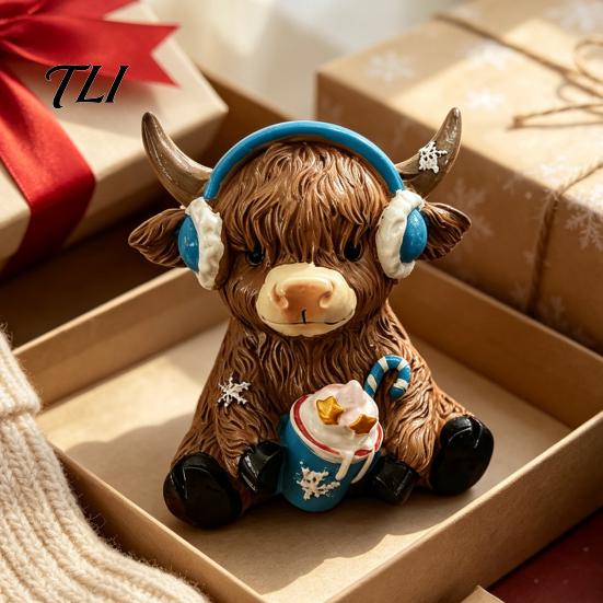 Resin Highland Cow Statue Winter Figurine, Cattle for Holiday Figurine Desk Decor, Animal Shape Ornament Home Office