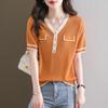 Женская летняя мода с V-образным вырезом Tencel Top Clashing Ice Silk Knit Футболка с коротким рукавом