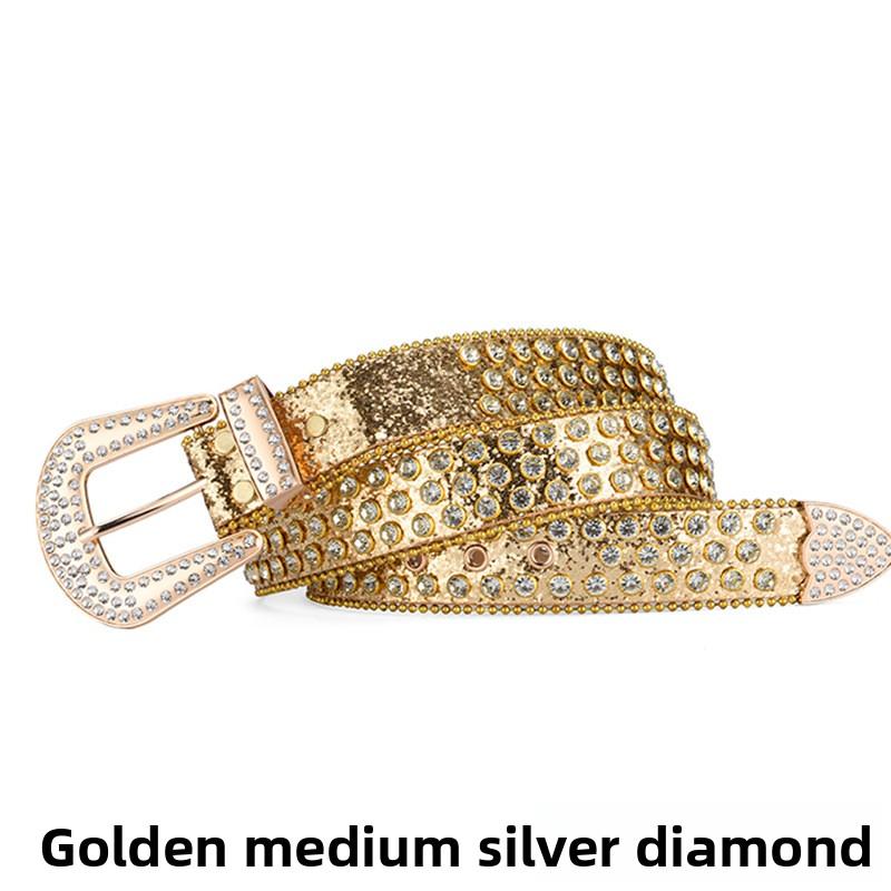 Mei Women's European and American feng shui diamond leather belt, handmade diamond-encrusted fashionabl