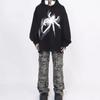 Spider Print Hooded Sweatshirt Women Streetwear Loose Fit With Button Detail Hem Split Hip Hop Style