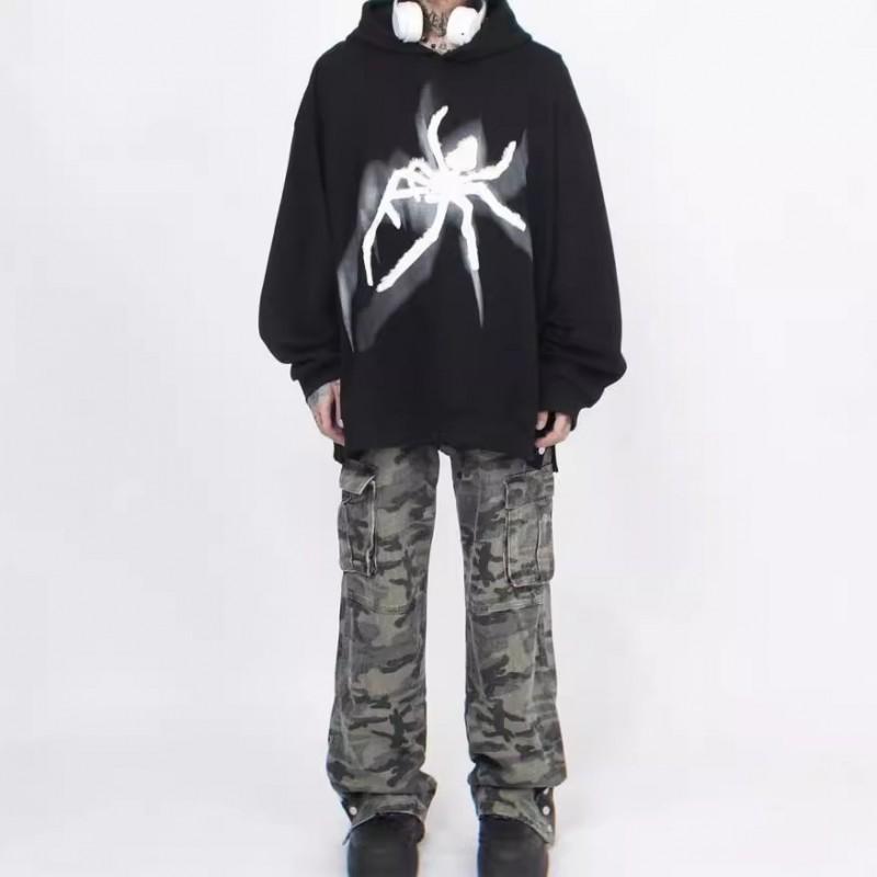 Spider Print Hooded Sweatshirt Women Streetwear Loose Fit With Button Detail Hem Split Hip Hop Style