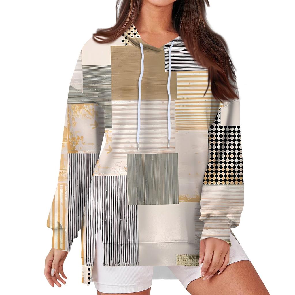 Women's Fashionable Casual Hoodie Long Sleeved Drawstring Pullover Geometric Splicing Printed  Loose Slit Sweatshirt