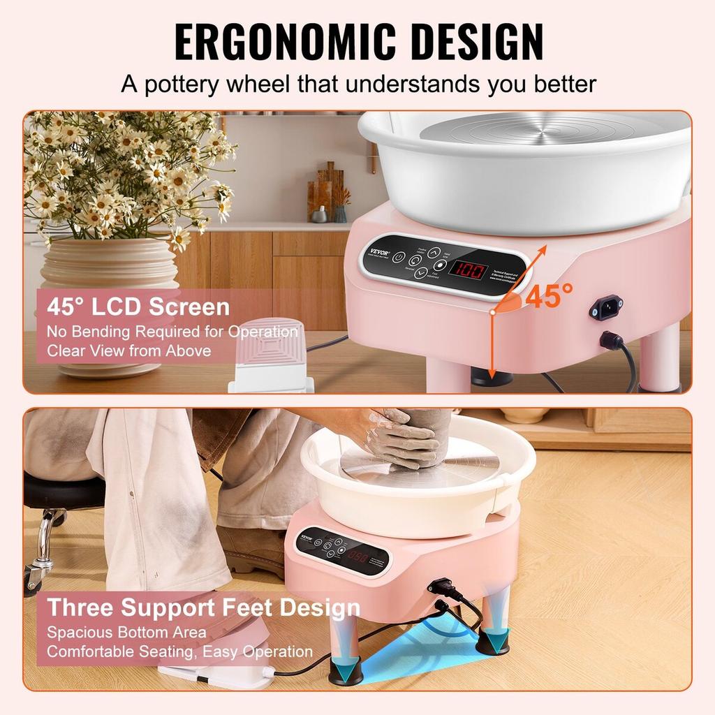 Pottery Wheel 10in Ceramic Wheel Foot Pedal Touch Screen 350W 3 Legs Pink