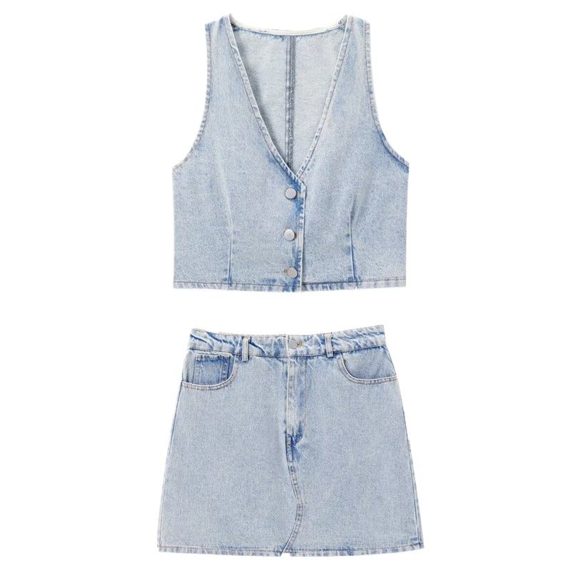 Fashion Style 2024 Summer New Arrival Women's Clothing All-Matching Sleeveless V Neck Denim Vest Mid Waist Skirt 1889163