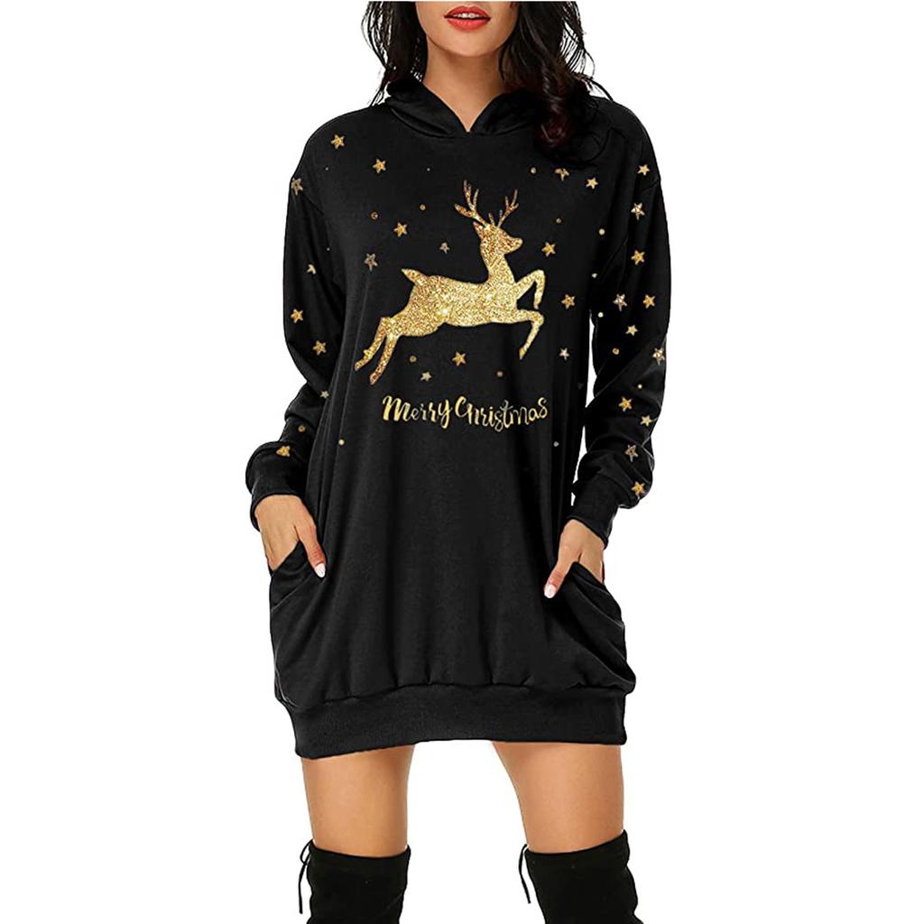 Women's Fashion Christmas Hip Pocket Print Hoodie Fashion Dress