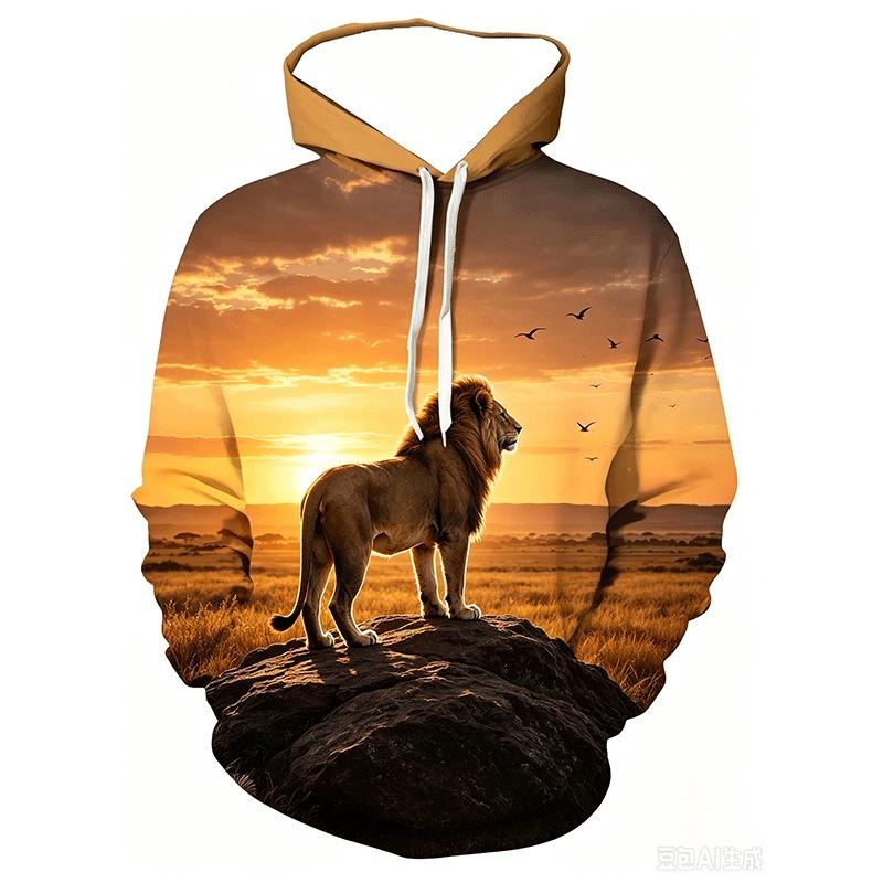 Casual Long Sleeve Hoodie for Men Featuring a 3D Design of a Sacred Lion And a Young Lion, Complete with a Pocket. Spring and Autumn