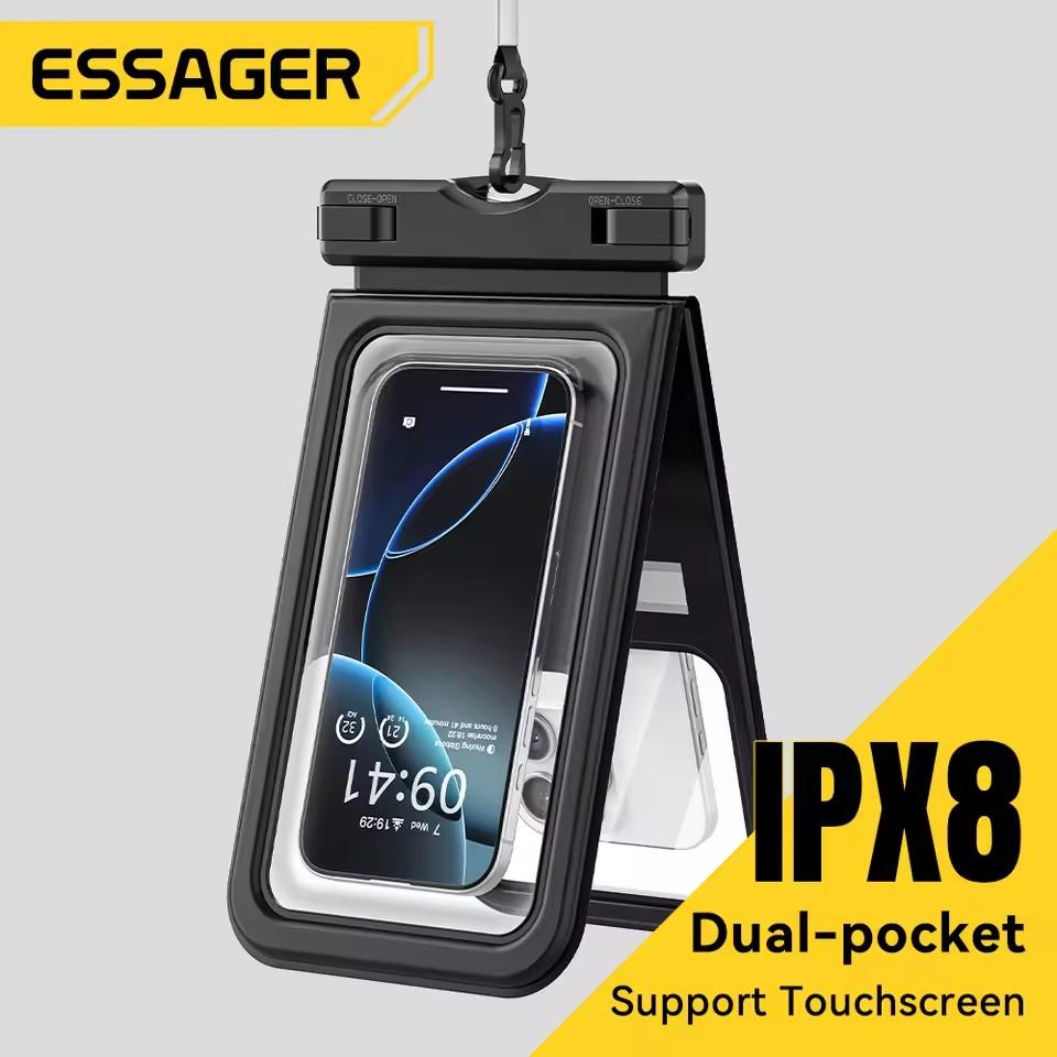 Essager IPX8 Dual-pocket Waterproof Phone Case for iPhone16 15 14 13 Floating Dry Bag for Snorkeling Beach Swim Universal Cover
