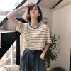 Short-sleeved T-shirt for Women's New Summer College Style Loose Slim Striped Student Top Women's Round Neck Base Shirt
