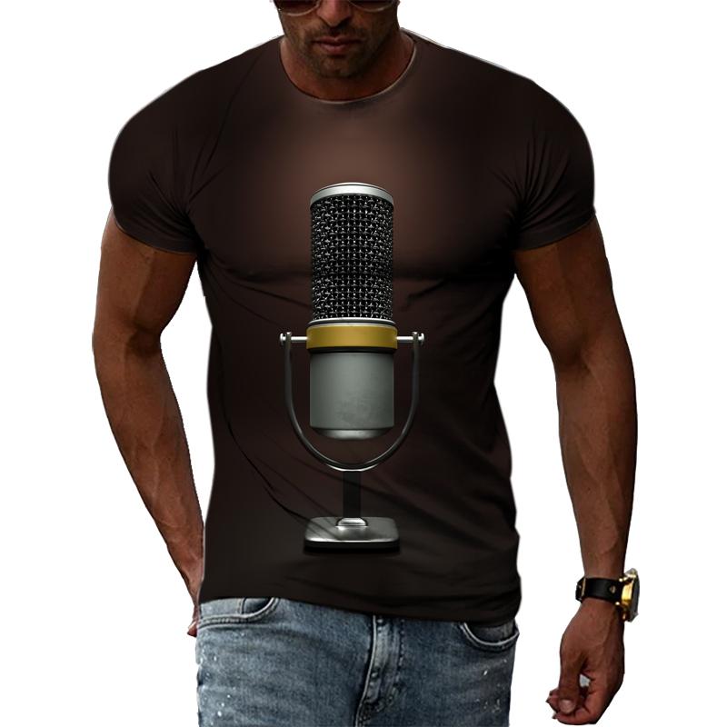 Summer Fashion Music Element Pattern T-shirt Hip-Hop Trend Microphone  Printing Tops Casual Novelty Men's Short Sleeved Clothing