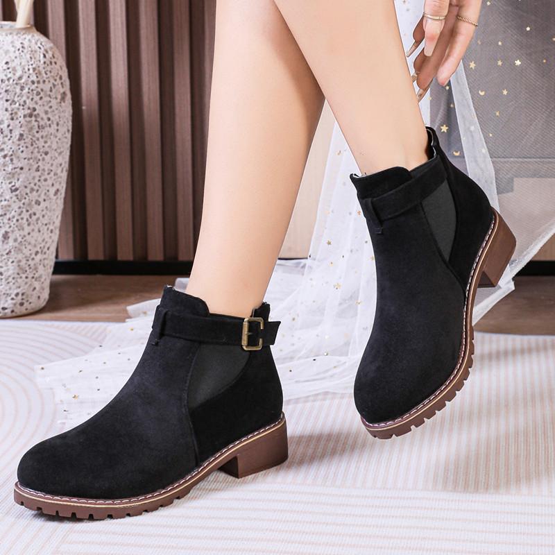 Autumn and Winter Footwear Plus Size Thick Bottom Short Tube Thick Heel Retro Round Head Belt Buckle Women's Boots Women's Shoes