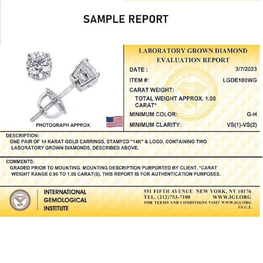 Jewels Prim 1 карат общий вес Серьги-пусеты с бриллиантами, созданными в лаборатории, в оправе из белого золота 14 карат, сертифицированы IGI