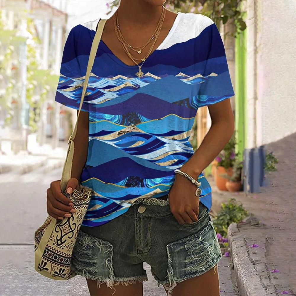 Полосатая футболка для женщин, новая простая одежда, повседневная футболка с v-образным вырезом и короткими рукавами, женская футболка в стиле Харадзюку в стиле ретро с принтом, летняя