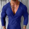Men V Neck Front Cross Long Sleeve Fitted Tops Knitted Rib Undershirts