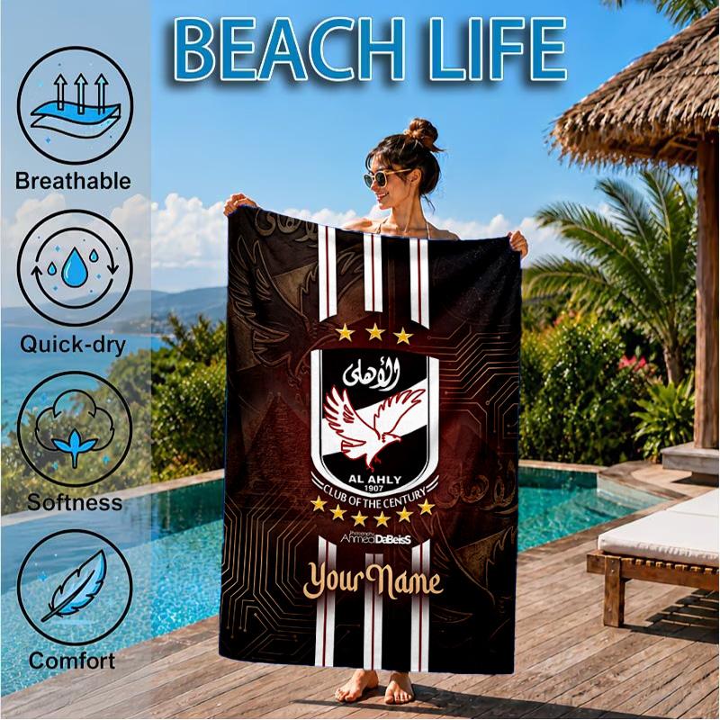 Custom Name Beach Towel Al-ahly football Design Soft and Quick-drying Beach Towel, Suitable for Travel, Swimming Pool, Gym, Yoga, Gifts