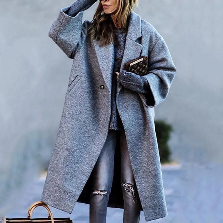 Europe And The United States Fall Women's Long-sleeved Lapel Coat Printed Tweed Long Coat