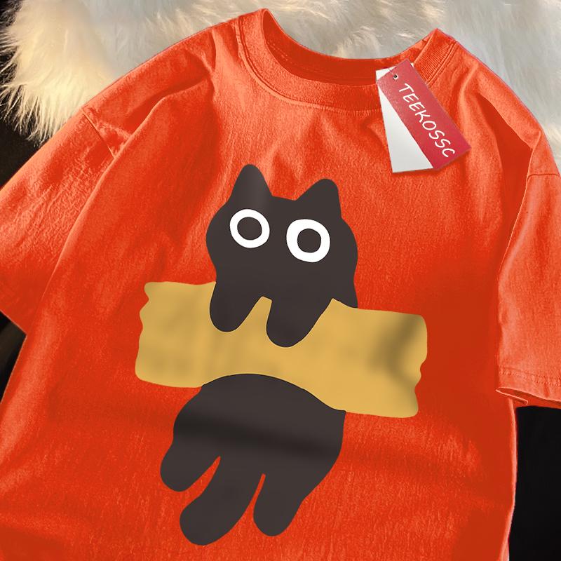 Забавная клейкая лента с принтом кошки в японском стиле, мужские и женские хлопковые футболки оверсайз с коротким рукавом и круглым вырезом, новые топы и футболки