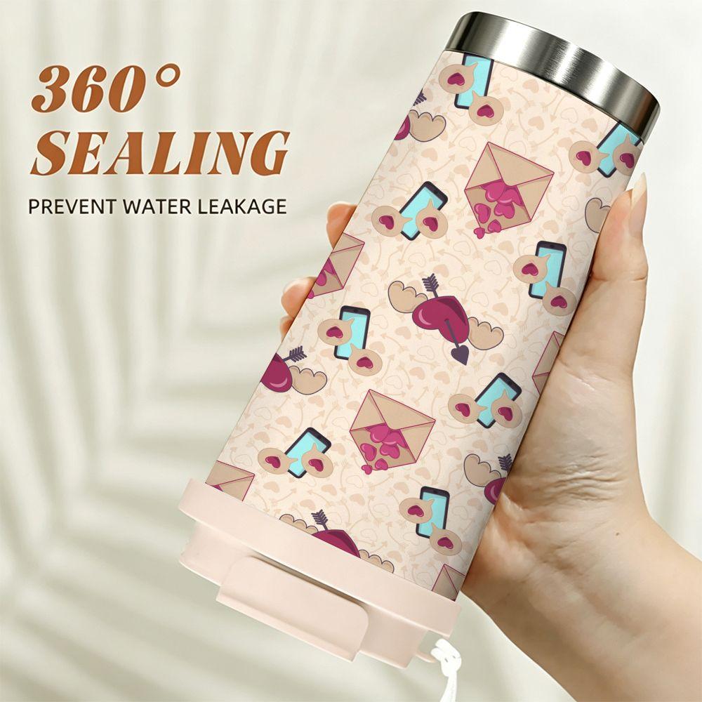 Love Letter and Cupid Heart Pattern Stainless Steel Insulated Coffee Tumbler, Reusable Travel Mug for Hot Cold Drinks, Romantic Valentine Gift