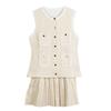 Spring 2025 Elegant French Pearl-Trim Sequin Vest & Pleated Midi Skirt Set