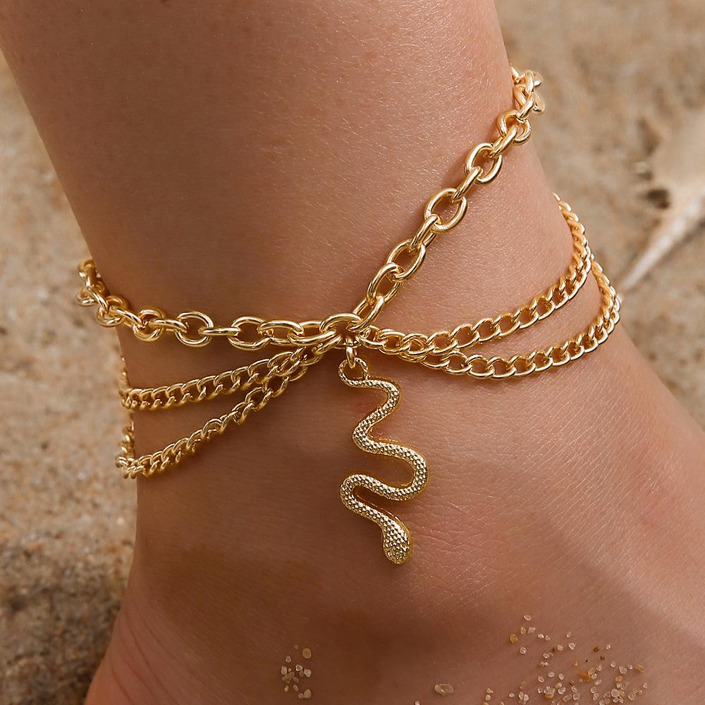 Europe and The United States Cross-border Fashion Jewelry Gold Cross Chain Foot Tassel Snake Pendant Three-tier Anklet Female.