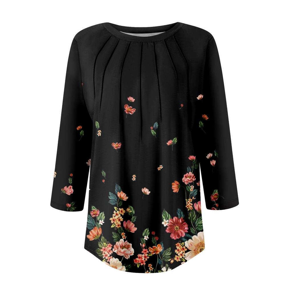 Женская модная футболка с круглым вырезом и рукавом 3/4 с принтом, повседневная, базовая, плиссированная, пуловер