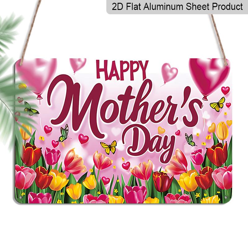 2D Flat, 1pc "Happy Mother's Day" Tulip & Butterfly Plaque, 12"×8" - Festive Floral Decor Sign, Pink - Aluminium Wall Hanging Decoration for Home