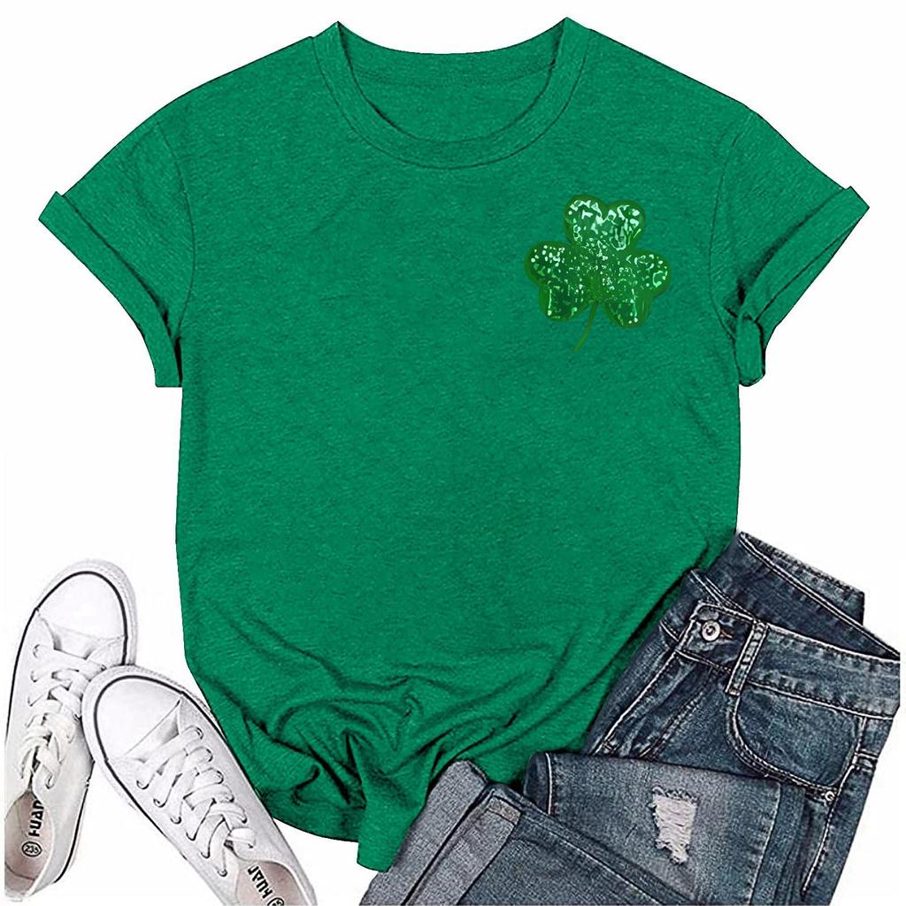 St. Patrick's Adult Green Crew-neck Short-sleeved Printed Green Three-leaf T-shirt