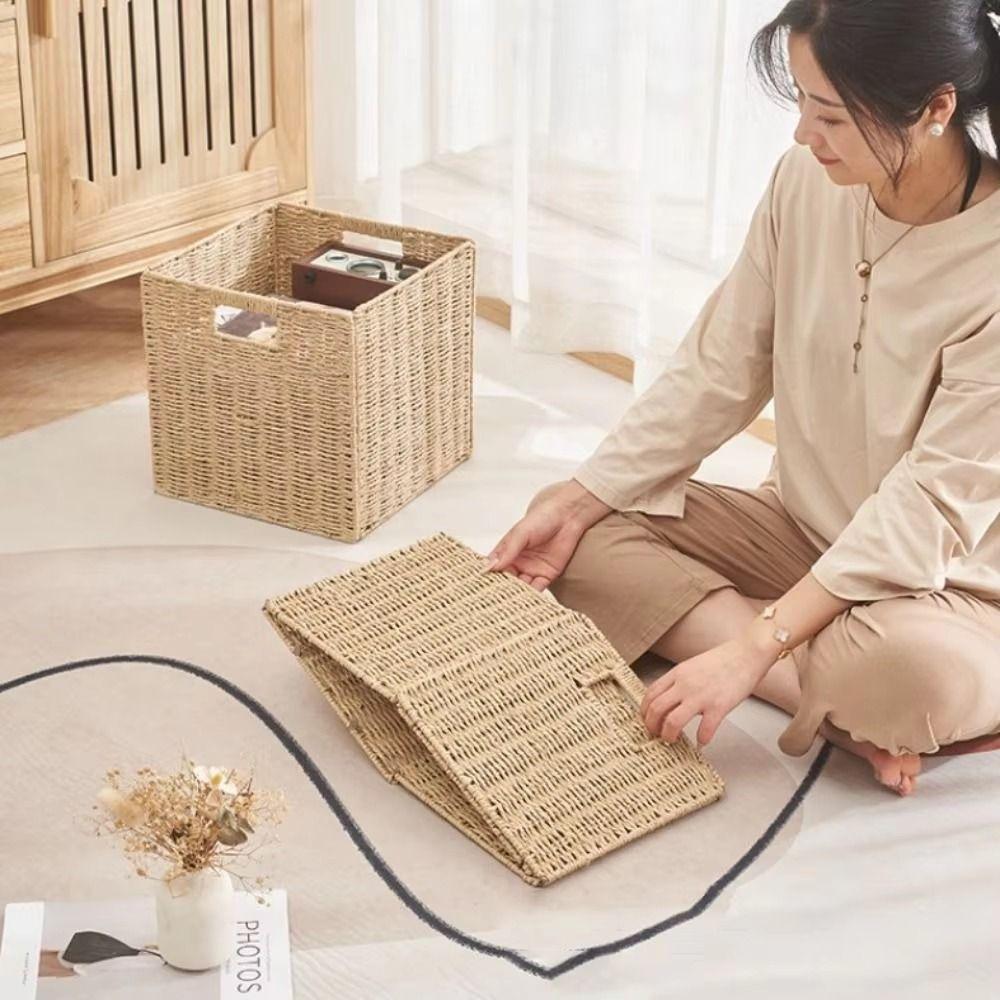 Square Imitation Rattan Basket Hand Woven Woven Storage Bin Simple Sundries Organizer  Closet