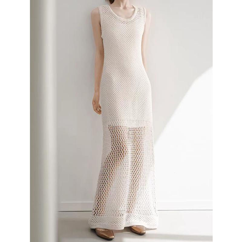 Fashion Sexy Hollow Out Mesh Pullover Summer Beach Dress Women's Knitted Sweaters See Through Casual Loose Sleeveless Dresses