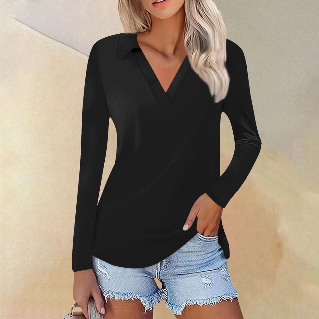 Женская летняя модная повседневная однотонная рубашка с v-образным вырезом и длинным рукавом с принтом, топ