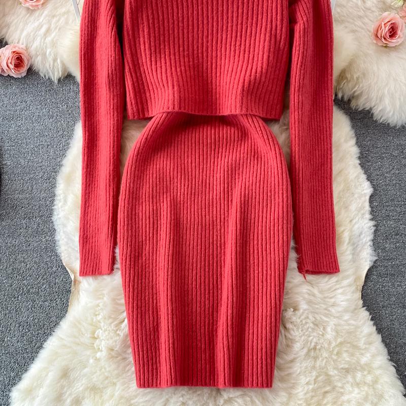 Тонкое облегающее платье на бретельках, комплект из 2 предметов, женский костюм, осенний корейский воротник-стойка, короткие пуловеры с длинными рукавами, повседневный трикотаж