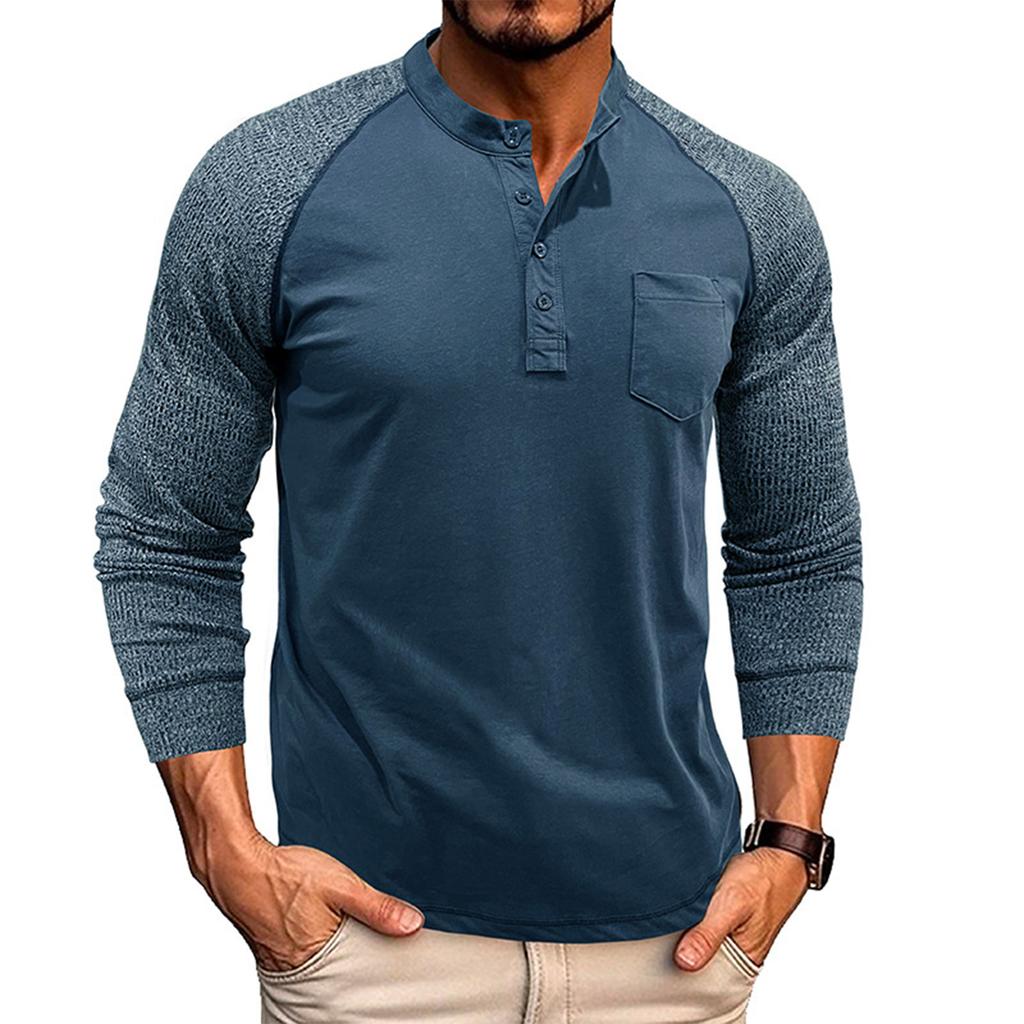Men's Round Neck Ribbed Long Sleeved Bottoming Shirt Tough Guy Contrast Color Retro Button Men's T-shirt Top