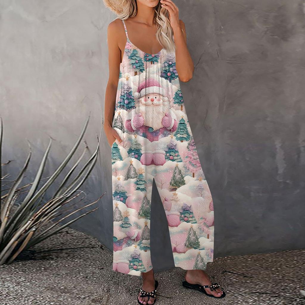 Женский рождественский принтованный комбинезон, свободный, с регулируемыми подтяжками