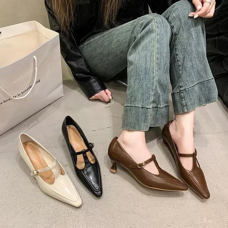 Retro Pointed Toe Buckle-heeled Single Shoes Fashion Solid Color Women's Shoes Medium Heels Shallow Mouth Casual Mujer