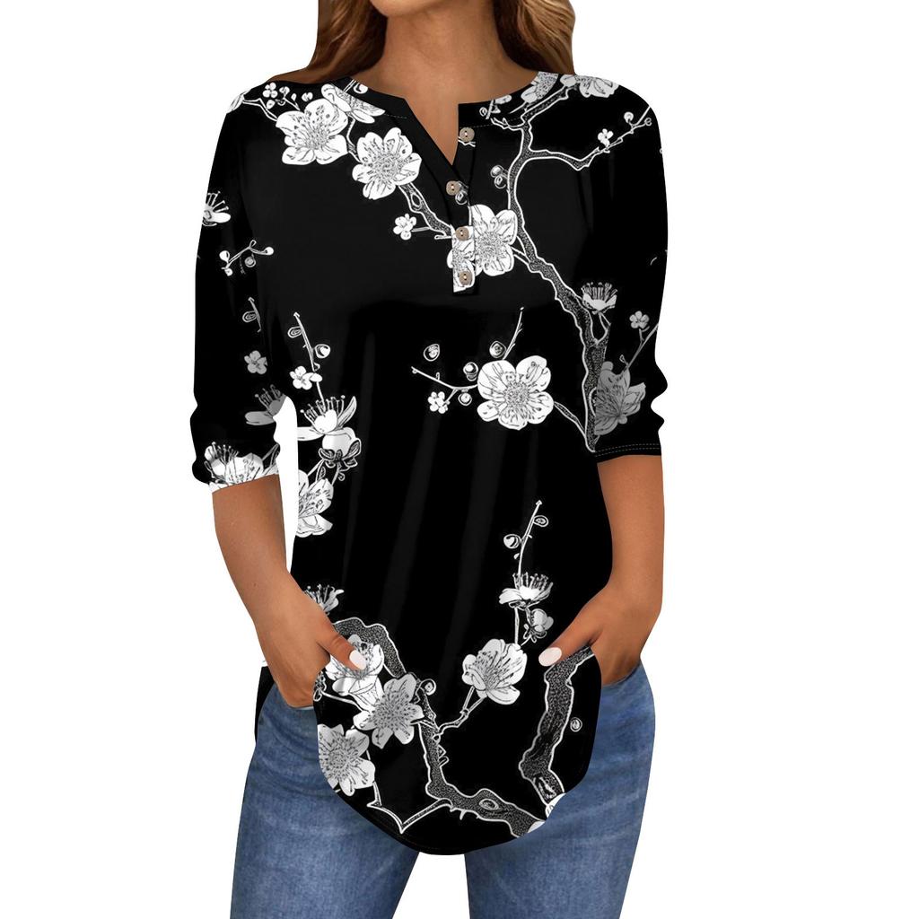 3/4 Length Sleeve Womens Tops Summer T-Shirts Floral Print V Neck Casual Basic Tee Button Shirts Tunic Tops