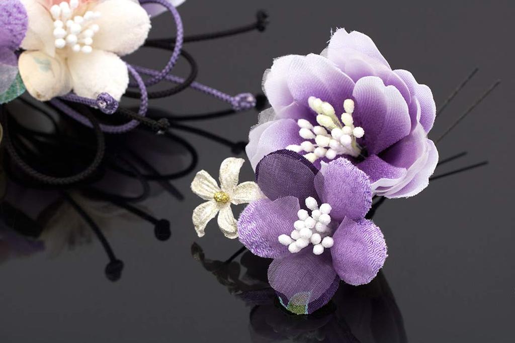 Волосы Выпускной Вишневый Японский Кисточка Сделано в Японии [SOUBIEN] Украшение, Церемония, Церемония, Набор из 2 предметов, Фиолетовый, Белый, Пион, Цветок,