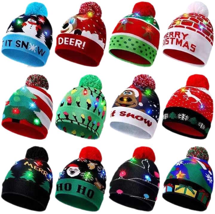 Winter new LED lights Christmas knitted hats men's and women's wool hats Holiday party warm ball hats