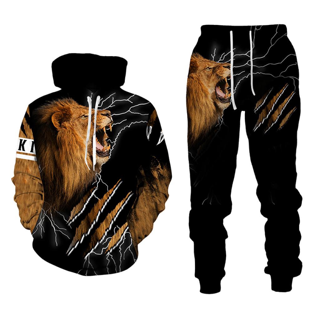 Весна-Осень с 3D принтом Короля Льва, мужская одежда с длинными рукавами, костюм, мужские толстовки, брюки, комплект из 2 предметов, повседневный свитшот, спортивный костюм