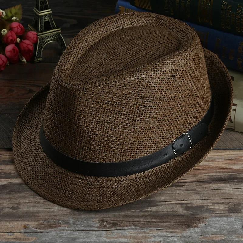 Men's Fashion Woven Straw Sunshade Hats Casual Buckle Beach Sun Wedding Black with Belt Head Accessories Gifts Decor