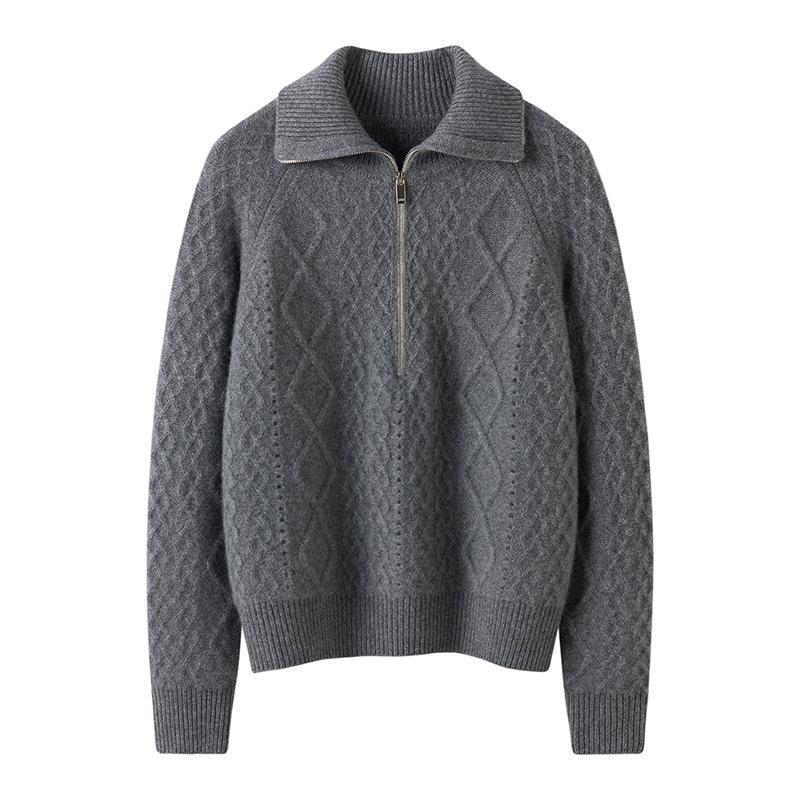 Thick Cable Knit Cashmere Half-Zip Lapel Sweater - Women's Polo Neck Base Layer, Autumn/Winter Korean Style.