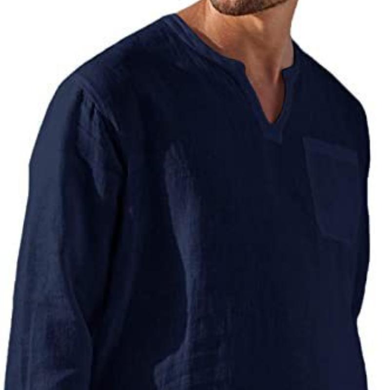 Модная мужская повседневная пляжная льняная рубашка с длинным рукавом и V-образным вырезом, мужские топы