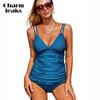 Женский комплект танкини, консервативный купальник, комплекты для плавания, купальный костюм на тонких бретелях с v-образным вырезом, облегающие купальники с рюшами
