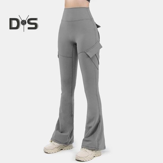 Women Flared Pants Elastic High Waist Wide Leg Casual Trousers with Flap Pockets Solid Color Cargo Pants Daily Wear