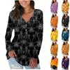 Women's Fashion Long Sleeve V-Neck Button Halloween Print Loose Casual Soft Comfort Top
