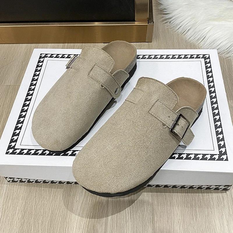 Мода 2024 года, высококачественная женская обувь, закрытый носок, женские тапочки, модные повседневные тапочки с пряжкой на ремне, женские новые тапочки на плоской подошве с круглым носком